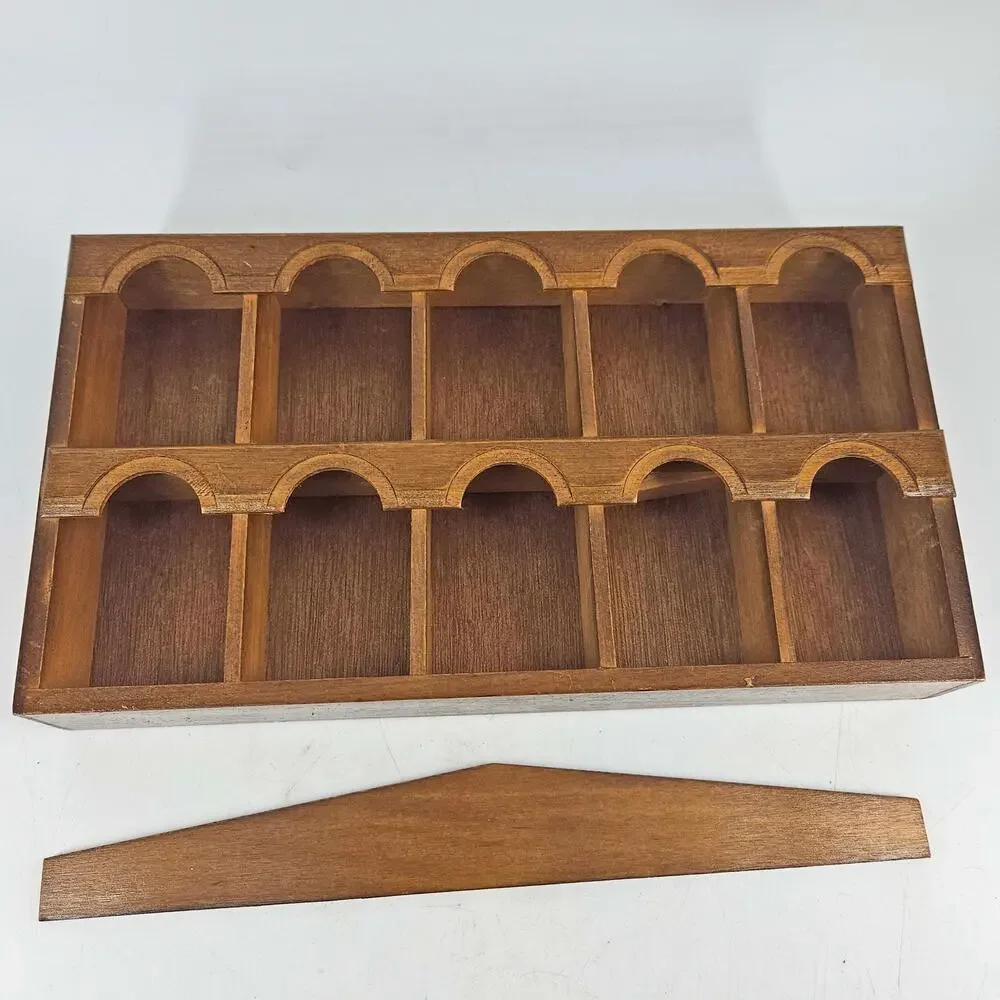 Vintage wood wooden curio shadow box arched cubbies trinket shelf